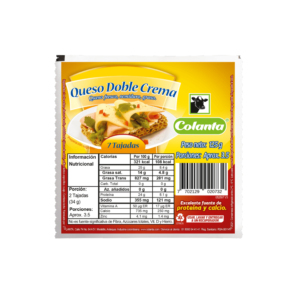 Queso Doble Crema Tajado Colanta 125g